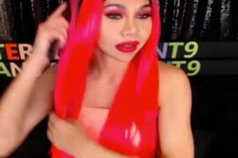 Monstercock Ladyboy In Pink lingerie Cumming And Self engulfing On web camera