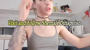 skinny Russian Trans babe With Tattoos Jerks Off Her gigantic 10-Pounder On cam